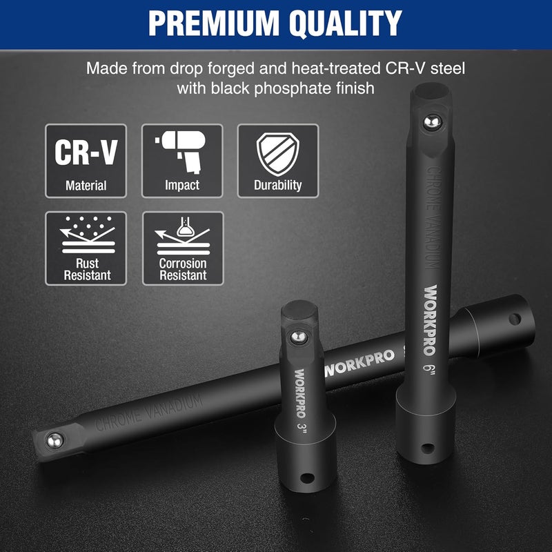 WORKPRO 1/2" Drive Impact Extension Bar Set, 3 PCS Socket Extensions, 3”, 6” and 8” Length, Premium Chrome Vanadium Steel with Black Phosphate Finish - Image 3
